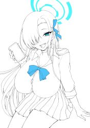 Rule 34 | absurdres, asuna (blue archive), blue archive, blue bow, blue bowtie, blue eyes, blue halo, blue ribbon, bow, bowtie, breasts, cellphone, hair over eyes, hair ribbon, halo, highres, ichica m, large breasts, long hair, monochrome, official alternate costume, phone, ribbon, school uniform, shirt, simple background, sketch, skirt, smartphone, twitter, white background, white shirt