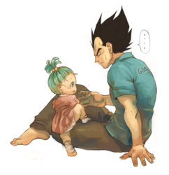 Rule 34 | ..., 1boy, 1girl, age difference, barefoot, black hair, blue eyes, blue hair, bra (dragon ball), child, dragon ball, dragonball z, father and daughter, mkmksan, simple background, sitting, socks, spiked hair, sweatdrop, vegeta, white background