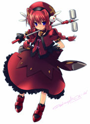 Rule 34 | 00s, 1girl, ahoge, beret, boots, braid, expressionless, full body, gotou nao, graf eisen, hat, lyrical nanoha, mahou shoujo lyrical nanoha, mahou shoujo lyrical nanoha a&#039;s, mallet, red hair, simple background, skirt, skirt set, solo, standing, twin braids, vita (nanoha)