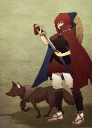 Rule 34 | 1girl, adapted costume, animalization, bow, brooch, cape, hair bow, imaizumi kagerou, imaizumi kagerou (wolf), jewelry, katana, long sleeves, red eyes, red hair, sandals, sekibanki, short hair, skirt, sword, touhou, urin, weapon, wolf