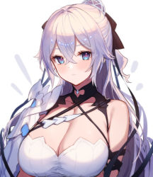 Rule 34 | 1girl, absurdres, armor, bare shoulders, blue eyes, breasts, bronya zaychik, bronya zaychik (silverwing: n-ex), cleavage, closed mouth, collarbone, commentary, crossed bangs, dress, english commentary, expressionless, hair between eyes, hair ornament, hair ribbon, half updo, highres, honkai (series), honkai impact 3rd, large breasts, long hair, looking at viewer, lysh, pauldrons, revision, ribbon, shoulder armor, single pauldron, sleeveless, sleeveless dress, solo, taut clothes, taut dress, upper body, white dress, white hair
