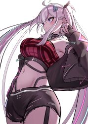 Rule 34 | 1girl, absurdres, ahoge, aqua hair, arm strap, black choker, black garter straps, black jacket, black shorts, bra, breasts, choker, closed mouth, ember amane, garter straps, grey hair, hair ornament, heart, highres, jacket, long hair, midriff, mole, mole on thigh, multicolored hair, navel, open clothes, open jacket, phase connect, pink hair, plaid, plaid bra, purple eyes, red bra, safety pin, shorts, sidelocks, silva arts, sleeves past wrists, solo, streaked hair, twintails, underwear, virtual youtuber