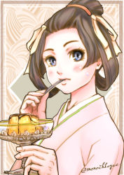 Rule 34 | 1girl, ace attorney, blue eyes, blush, brown hair, eating, food, fork, japanese clothes, kimono, looking at viewer, susato mikotoba, short hair, solo, sweat, the great ace attorney, the great ace attorney: adventures, utensil in mouth, wakadori