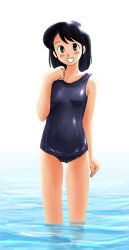 Rule 34 | 1girl, blush, kumi (new crown), new crown, one-piece swimsuit, school swimsuit, solo, swimsuit, wading, water, wet