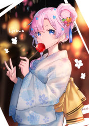Rule 34 | 1girl, alternate hairstyle, artist name, blue flower, bow, candy apple, character name, eating, flower, food, from side, hair bun, hair flower, hair ornament, highres, holding, holding food, indie virtual youtuber, japanese clothes, kgr, kimono, looking at viewer, lyrica (vtuber), pink flower, pink hair, single hair bun, solo, star (symbol), star hair ornament, v, virtual youtuber, yellow bow, yukata