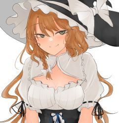 Rule 34 | 1girl, absurdres, alternate eye color, black headwear, black ribbon, blue ribbon, bow, braid, breasts, cleavage, cleavage cutout, clothing cutout, collarbone, commentary request, frilled hat, frills, green eyes, hat, hat bow, highres, kirisame marisa, medium breasts, necro (nekurodayo), puffy sleeves, ribbon, shirt, side braid, single braid, smile, touhou, white bow, white shirt, witch hat