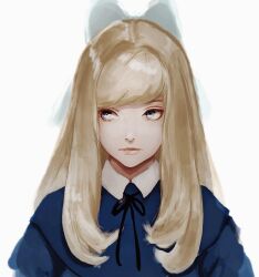 Rule 34 | 1girl, alps no shoujo heidi, blonde hair, blue capelet, bow, capelet, commentary request, expressionless, grey eyes, hair bow, inoitoh, klara sesemann, long hair, looking to the side, sidelocks, solo