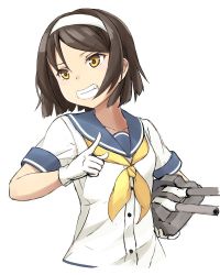 Rule 34 | 1girl, adapted turret, black hair, blouse, cannon, commentary request, cropped torso, dated, gloves, grin, hairband, index finger raised, kantai collection, minosu, neckerchief, school uniform, serafuku, shirt, short hair, short sleeves, simple background, smile, solo, tanikaze (kancolle), turret, upper body, white background, white gloves, white hairband, white shirt, yellow neckerchief