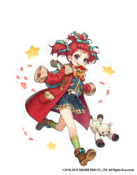 Rule 34 | 1girl, backpack, bag, blue eyes, blue ribbon, blue skirt, bread slice, brown footwear, coat, company name, dated, food, food in mouth, full body, green socks, hair ribbon, highres, long sleeves, mouth hold, official art, paper, pen, red coat, red hair, ribbon, running, school uniform, shoes, short twintails, simple background, skirt, socks, solo, star (symbol), stuffed animal, stuffed toy, sweatdrop, taranboman, teddy bear, toast, toast in mouth, twintails, white background