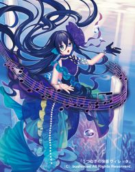 Rule 34 | 1girl, blue eyes, bubble, cardfight!! vanguard, company name, coral, fins, gloves, head fins, long hair, mole, mole under mouth, musical note, negative addict villetta, official art, solo, suguri (neroli), underwater