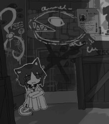 Rule 34 | 1girl, alley, animal ears, barefoot, cat ears, cat girl, cat tail, graffiti, greyscale, highres, hugging own legs, knees up, monochrome, no pants, open mouth, original, outdoors, outline, poster (object), shirt, short hair, short sleeves, sidelocks, sitting, solo, tail, tail slapping, tail wagging, tearing up, torosakana, wide shot, wooden box