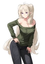Rule 34 | 1girl, absurdres, ahoge, ai-bon, bare shoulders, black pants, breasts, cleavage, commentary, commission, cowboy shot, green sweater, hand on own hip, hand up, highres, holding, holding phone, large breasts, long hair, long sleeves, looking at viewer, off-shoulder sweater, off shoulder, original, pants, phone, pointy ears, purple eyes, solo, standing, sweater, thighs, twintails, very long hair, white hair