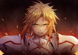 Rule 34 | 1girl, armor, arsh (thestarwish), black background, blonde hair, braid, breastplate, fate/grand order, fate (series), gradient background, green eyes, highres, looking at viewer, medium hair, messy hair, mordred (fate), mordred (fate/apocrypha), no headwear, orange background, parted bangs, pauldrons, portrait, shoulder armor, solo, teeth, upper body
