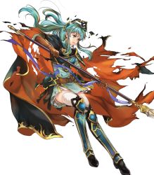 Rule 34 | 1girl, aqua eyes, aqua hair, armor, armored boots, belt, boots, bracelet, breastplate, brown gloves, cape, dress, earrings, eirika (fire emblem), elbow gloves, female focus, fire emblem, fire emblem: the sacred stones, fire emblem heroes, full body, gloves, hair ornament, highres, holding, holding polearm, holding spear, holding weapon, jewelry, long hair, long sleeves, matching hair/eyes, nintendo, official art, polearm, ponytail, short dress, shoulder armor, sidelocks, solo, spear, thighhighs, torn cape, torn clothes, torn thighhighs, transparent background, turtleneck, wada sachiko, weapon, white thighhighs