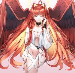 Rule 34 | 1girl, ahoge, aphrodite (fate), bare shoulders, blonde hair, blush, breasts, center opening, cleavage, crossed legs, dress, earrings, fate/grand order, fate (series), feathered wings, grin, hair intakes, heart, heart earrings, highres, jewelry, long hair, long sleeves, looking at viewer, medium breasts, multicolored hair, multiple wings, nail polish, neck ring, orange eyes, puffy sleeves, red hair, red wings, sitting, smile, solo, thighs, two-tone hair, umeo (pixiv51103813), very long hair, white dress, wings, wrist cuffs