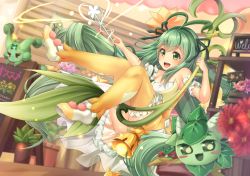 Rule 34 | 1girl, :d, ahoge, alraune (p&amp;d), bare shoulders, bell, breasts, dress, flower, green eyes, green hair, indoors, long hair, looking at viewer, medium breasts, midair, monster girl, open mouth, orange thighhighs, panties, pantyshot, plant, plant girl, potted plant, puzzle &amp; dragons, sign, smile, solo, thighhighs, underwear, very long hair, wand, yuzutosen