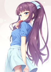 Rule 34 | 1girl, arm behind back, ass, blouse, blue eyes, blue shirt, blue skirt, blush, camera, cellphone, commentary request, female focus, from side, glint, highres, holding, holding phone, long hair, looking at viewer, new game!, no panties, parted lips, phone, ponytail, purple hair, revision, shirt, short sleeves, sidelocks, skirt, smartphone, solo, takimoto hifumi, tomifumi, upskirt, very long hair, wavy hair