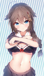 Rule 34 | 1girl, ahoge, black bra, black serafuku, black skirt, blue background, blue eyes, bra, braid, breasts, brown hair, cleavage, clothes lift, commentary request, hair flaps, hair ornament, hair over shoulder, halkawa501, highres, kantai collection, lifted by self, long hair, looking at viewer, medium breasts, navel, neckerchief, pleated skirt, red neckerchief, sailor collar, school uniform, serafuku, shigure (kancolle), shirt lift, single braid, skirt, solo, striped, striped background, underwear, undressing, upper body, white sailor collar