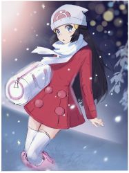 Rule 34 | 1girl, bag, beanie, black hair, blue eyes, blush, boots, coat, commentary request, creatures (company), dawn (pokemon), duffel bag, eyelashes, floating scarf, game freak, hair ornament, hairclip, hat, highres, legs together, long hair, long sleeves, nintendo, outdoors, parted lips, pink footwear, pokemon, pokemon dppt, pokemon platinum, rans (foojunsk2303), red coat, scarf, snowing, solo, thighhighs, white bag, white hat, white thighhighs, winter clothes