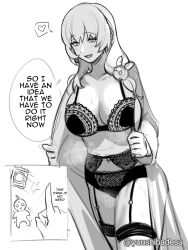 Rule 34 | 1boy, 1girl, aether (genshin impact), ahoge, breasts, comic, commentary, condom, condom wrapper, english commentary, english text, flick, genshin impact, greyscale, heart, highres, large breasts, lisa (genshin impact), monochrome, open clothes, pajamas, twitter username, underwear, yuushiba