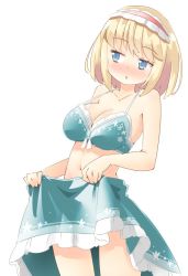 Rule 34 | 1girl, alice margatroid, arnest, bare arms, bare shoulders, bikini, blonde hair, blue bikini, blue eyes, blue skirt, blush, breasts, commentary request, cowboy shot, floral print, frilled hairband, frills, hairband, large breasts, lolita hairband, looking to the side, navel, nose blush, parted lips, red hairband, ribbon, short hair, simple background, skirt, skirt hold, solo, standing, stomach, strap gap, swimsuit, thighs, touhou, white background, white ribbon