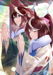 Rule 34 | 2girls, animal ears, architecture, blue kimono, blush, brown hair, brown kimono, closed eyes, closed mouth, commentary request, east asian architecture, egasumi, eyelashes, fur-trimmed kimono, fur trim, green jacket, hair between eyes, hair bun, hair ribbon, hands up, haori, high ponytail, highres, horse ears, horse girl, jacket, japanese clothes, kimono, light particles, light rays, long hair, long sleeves, looking at another, making-of available, multicolored hair, multiple girls, nabe puyo, open clothes, open jacket, outdoors, own hands together, pink ribbon, ponytail, praying, purple eyes, ribbon, sayagata, shide, sidelocks, sideways glance, single hair bun, smile, streaked hair, sunlight, symboli rudolf (umamusume), tokai teio (umamusume), umamusume, white hair, wide sleeves