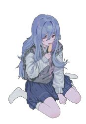 Rule 34 | 1girl, ayanami rei, between legs, blue hair, blue skirt, chinese commentary, commentary request, eating, evangelion: 3.0+1.0 thrice upon a time, expressionless, film grain, food, from above, full body, grey vest, hair between eyes, hand between legs, highres, holding, holding food, holding popsicle, huadan xie, kneehighs, long hair, long sleeves, looking at viewer, neon genesis evangelion, no shoes, popsicle, rebuild of evangelion, red eyes, simple background, sitting, skirt, socks, solo, sweater, tongue, tongue out, vest, wariza, white background, white socks, white sweater