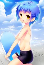 Rule 34 | 1boy, aged down, bad id, bad pixiv id, black jammers, black male swimwear, blue hair, blush, child, jammers, kickboard, looking at viewer, male focus, male swimwear, open mouth, original, riko (kujira215), short hair, sitting, smile, solo, swimsuit, trap, yellow eyes
