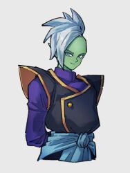 Rule 34 | 1boy, closed mouth, colored skin, dragon ball, dragon ball super, green skin, grey background, kemachiku, looking at viewer, male focus, pointy ears, short hair, simple background, smile, solo, white hair, zamasu