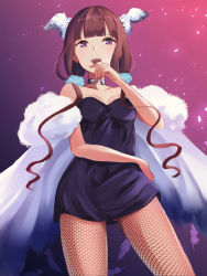 Rule 34 | 1girl, :d, black dress, blend s, blush, breasts, brown hair, choker, cleavage, collarbone, cowboy shot, dress, feathers, fishnet pantyhose, fishnets, gluteal fold, hand to own mouth, long hair, looking at viewer, low twintails, medium breasts, multicolored background, open mouth, pantyhose, pomuramu, purple eyes, sakuranomiya maika, smile, solo, twintails, very long hair