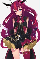 Rule 34 | 1girl, absurdres, arms behind back, belt, black bow, black skirt, bow, bow skirt, crystal, detached wings, hair between eyes, halo, heterochromia, highres, hololive, hololive english, hololive idol uniform, horns, idol clothes, irys (hololive), irys (irys 1.0) (hololive), layered skirt, looking at viewer, magui3, multicolored hair, multiple horns, pointy ears, red hair, simple background, skirt, skirt set, sleeveless, solo, thighhighs, virtual youtuber, wings