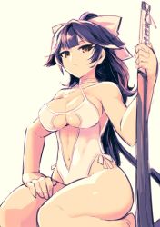 Rule 34 | 1girl, azur lane, bare arms, bare shoulders, black hair, blunt bangs, bow, breasts, chingisu, choker, cleavage, collarbone, criss-cross halter, hair bow, halterneck, hand on own thigh, holding, holding sword, holding weapon, katana, left-handed, legs together, long hair, looking at viewer, medium breasts, navel, one-piece swimsuit, orange eyes, ponytail, simple background, sitting, solo, swimsuit, sword, takao (azur lane), takao (beach rhapsody) (azur lane), thighs, underboob, very long hair, weapon, white background, white bow, white choker, white one-piece swimsuit