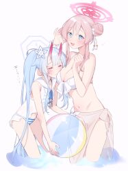 Rule 34 | 2girls, absurdres, ball, beachball, bikini, blue archive, blue bikini, blue eyes, breast press, breasts, chise (blue archive), chise (swimsuit) (blue archive), cleavage, closed eyes, commentary request, flat chest, flower, grimace, hair bun, hair flower, hair ornament, halo, height difference, highres, holding, holding ball, holding beachball, horns, hot, large breasts, legs, long hair, mimasakaren (artist), mimori (blue archive), mimori (swimsuit) (blue archive), multiple girls, navel, official alternate costume, oni horns, open mouth, ribbon, sailor collar, sarong, scrunchie, side ponytail, single side bun, smile, stomach, striped bikini, striped clothes, sweat, swimsuit, teeth, thighs, translated, very long hair, wading, white bikini, white ribbon, white sailor collar, wrist ribbon, wrist scrunchie