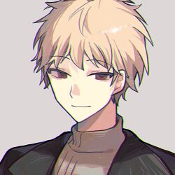 Rule 34 | 1boy, atou haruki, black jacket, blonde hair, brown eyes, brown sweater, chinese commentary, chromatic aberration, closed mouth, commentary request, grey background, highres, jacket, linguihong01278, male focus, open clothes, open jacket, portrait, saibou shinkyoku, short hair, simple background, smile, solo, sweater, turtleneck, turtleneck sweater