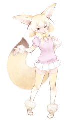 Rule 34 | 10s, 1girl, animal ear fluff, animal ears, blonde hair, bow, bowtie, breasts, brown eyes, buttons, closed mouth, eyebrows, facing away, fennec (kemono friends), fox ears, fox tail, full body, ise (0425), kemono friends, legs apart, loafers, looking away, looking to the side, miniskirt, multicolored clothes, multicolored hair, multicolored legwear, pigeon-toed, pink shirt, pleated skirt, shirt, shoes, short-sleeved sweater, short hair, short sleeves, simple background, skirt, small breasts, smile, solo, standing, sweater, tail, thighhighs, two-tone hair, undershirt, white background, white footwear, white hair, white shirt, white skirt, yellow bow, yellow bowtie, zettai ryouiki