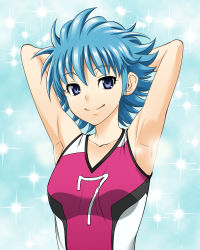 Rule 34 | 10s, 1girl, armpits, arms up, bare shoulders, blue eyes, blue hair, jersey, kondate, matching hair/eyes, nishijima waon, precure, short hair, smell, solo, suite precure