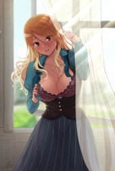 Rule 34 | 1girl, backlighting, black eyes, blonde hair, blouse, blush, bra, breasts, brown hair, collarbone, collared shirt, corset, curtains, earrings, eyes visible through hair, gradient hair, gyaru, idolmaster, idolmaster shiny colors, indoors, izumi mei, jewelry, lace, lace bra, large breasts, long hair, long skirt, long sleeves, looking at viewer, multicolored hair, open clothes, open shirt, puffy long sleeves, puffy sleeves, see-through, shirt, shizuhime, signature, skirt, smile, solo, sunlight, tan, thighhighs, underwear, window
