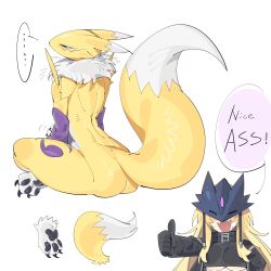Rule 34 | ..., 1girl, 1other, ass, beelstarmon, black coat, black sclera, blonde hair, blue eyes, blush stickers, breasts, chibi, closed eyes, coat, colored sclera, digimon, digimon (creature), english text, eye mask, fangs, fox, from behind, full body, furry, highres, kitsune, long hair, open mouth, renamon, simple background, speech bubble, third eye, thumbs up, underboob, white background, yellow fur, yellow tail, zocehuy