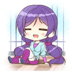 Rule 34 | 10s, 1girl, :d, = =, blush, chibi, endori, long hair, love live!, love live! school idol festival, love live! school idol project, lowres, open mouth, purple hair, shirt, smile, solo, sweat, thighhighs, tied shirt, tojo nozomi, twintails