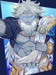 Rule 34 | 1boy, abs, ancient greek clothes, bara, bare pectorals, beard, black sclera, colored sclera, cowboy shot, facial hair, fate/grand order, fate (series), greco-roman clothes, grin, highres, lightning, lightning glare, long hair, looking at viewer, male focus, mature male, muscular, muscular male, old, old man, pectorals, pov, sash, smile, solo, stomach, undressing, very long hair, yaekaidou, zeus (fate)