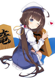 Rule 34 | 10s, 1girl, ;), ahoge, beret, blue dress, blush, board game, brown hair, closed mouth, commentary request, dress, hat, head tilt, heart, highres, hinatsuru ai, holding, layered sleeves, long hair, long sleeves, looking at viewer, looking to the side, low twintails, mamehamu, no shoes, one eye closed, oversized object, puffy short sleeves, puffy sleeves, ryuuou no oshigoto!, school uniform, seiza, shogi, short over long sleeves, short sleeves, sitting, smile, socks, solo, spoken heart, twintails, very long hair, white hat, white socks