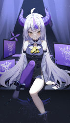 Rule 34 | 1girl, absurdres, ahoge, ankle cuffs, black dress, blush, demon horns, dress, grin, highres, hololive, horns, kaku (walletbreaker), knee up, la+ darknesss, light particles, long hair, looking at viewer, monitor, multicolored hair, pantyhose, purple hair, purple nails, purple pantyhose, single leg pantyhose, sitting, smile, solo, streaked hair, very long hair, virtual youtuber, white hair, yellow eyes