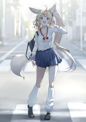 Rule 34 | 1girl, :d, ahoge, animal ear fluff, animal ears, bag, blonde hair, blue skirt, bow, bowtie, collared shirt, crosswalk, dress shirt, fox ears, fox tail, full body, hair ornament, hairclip, hand up, highres, hololive, kneehighs, long hair, looking at viewer, loose bowtie, loose socks, mitsuru (pixiv 34028718), multicolored hair, omaru polka, open mouth, outdoors, pink hair, pleated skirt, purple eyes, red bow, red bowtie, road, scrunchie, shirt, shoes, shoulder bag, side ponytail, skirt, smile, socks, solo, standing, streaked hair, street, tail, v, very long hair, virtual youtuber, white shirt, white socks, wrist scrunchie