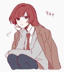 Rule 34 | 1girl, blue eyes, blush, frown, hand on own cheek, hand on own face, jacket, jacket on shoulders, long hair, looking at viewer, maco22, original, pantyhose, puff of air, red hair, solo, squatting, sweater, translation request
