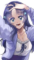 Rule 34 | 1girl, absurdres, blue eyes, blue hair, breasts, cleavage, collarbone, hair ornament, hairclip, highres, jacket, long skirt, open mouth, precure, purple jacket, purple skirt, shirt, simple background, skirt, small breasts, smile precure!, solo, upper body, user fuxt4738, white background, white shirt