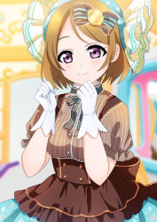 Rule 34 | 1girl, blue skirt, bow, breasts, brown hair, brown shirt, clip studio paint (medium), closed mouth, commentary request, eyebrows hidden by hair, floral print, gloves, hair bow, hands up, koizumi hanayo, love live!, love live! school idol project, misaki (misaki86), parted bangs, pleated skirt, print skirt, puffy short sleeves, puffy sleeves, purple eyes, shirt, short sleeves, skirt, small breasts, smile, solo, striped bow, striped clothes, striped shirt, vertical-striped clothes, vertical-striped shirt, white gloves