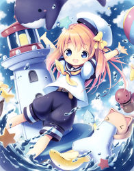 Rule 34 | 1girl, :d, aikei ake, arms up, ball, belt, blonde hair, blue eyes, blush, bow, cat, child, fish, hair bow, hat, highres, lighthouse, long hair, octopus, open mouth, orca, original, puffy sleeves, sailor collar, shorts, sky, smile, solo, splashing, squid, star (symbol), water