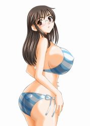 Rule 34 | artist request, ass, bikini, breasts, brown eyes, brown hair, covered erect nipples, glasses, huge breasts, striped bikini, striped clothes, swimsuit