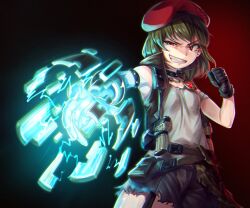 Rule 34 | 1girl, armband, beret, black armband, black choker, black gloves, black shorts, black vest, breasts, choker, clenched hand, commentary, cowboy shot, dark background, energy, evil smile, gloves, green hair, grey shirt, grin, gun, hand up, hat, highres, hold111, idol heroes (idolmaster), idolmaster, idolmaster million live!, jewelry, looking at viewer, medium hair, nagayoshi subaru, necklace, red eyes, red hat, shirt, shorts, small breasts, smile, solo, tank top, vest, weapon