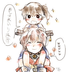 Rule 34 | 10s, 2girls, bare shoulders, blush, brown hair, carrying, carrying on shoulders, cherry blossoms, detached sleeves, closed eyes, hair ornament, ina (1813576), kaga (kancolle), kantai collection, multiple girls, ponytail, shoulder carry, side ponytail, smile, sparkle, sparks, translation request, yamato (kancolle), aged down